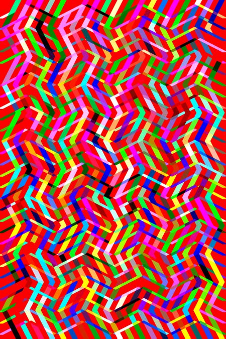 Abstract multicolored mesh of zigzag bars on red