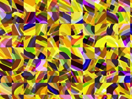 Geometric multicolored mosaic of squares containing abstract polygons as an illustration of random multiplicity within an orderly arrangement