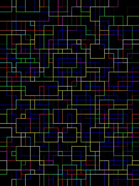 Abstract mazelike grid of glowing squares and rectangles on black for themes of complexity and interconnection