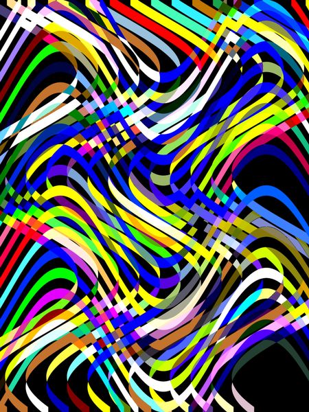 Multicolored abstract of ribbony, spaghetti-like sine waves overlapping on black