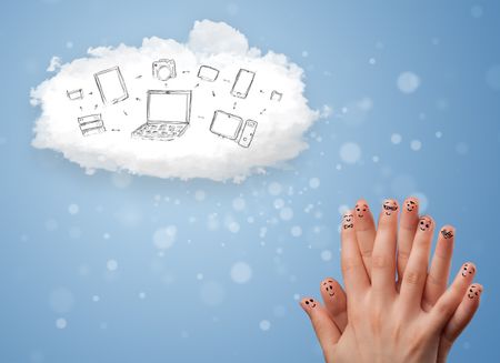 Happy cheerful smiley fingers looking at cloud computing with technology icons