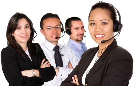 customer service team over a white background led by an asian business woman