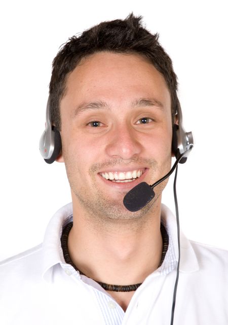 customer service guy smiling over a white background