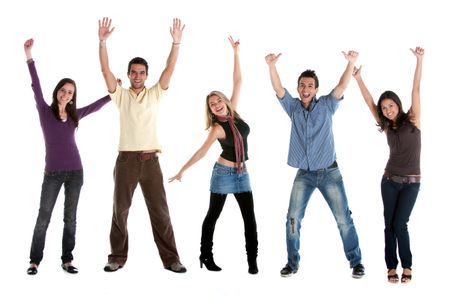Casual group of excited friends with arms up isolated on white