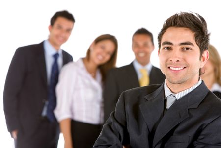 Business team smiling isolated over a white background