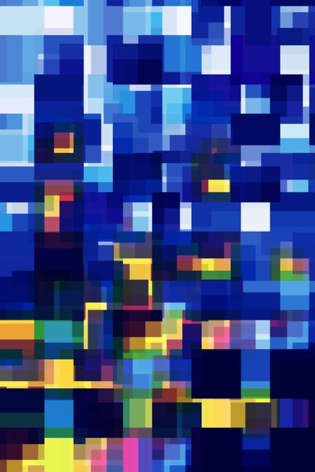 Abstract of urban sunrise: Multicolored mosaic of overlapping squares and rectangles like windows of skyscrapers reflecting the rising sun