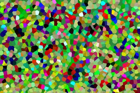 Multicolored pointillist mosaic abstract of many partial dots and small irregular polygons on light green