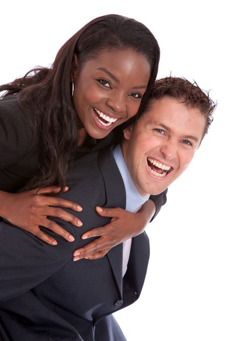 business couple smiling isolated over a white background