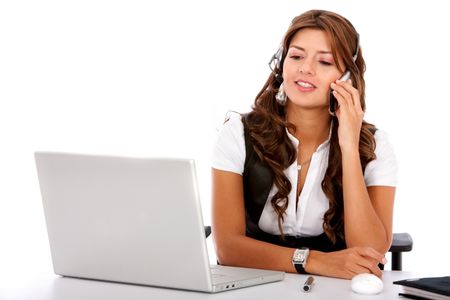 customer services woman on a laptop computer - smiling isolated over a white background