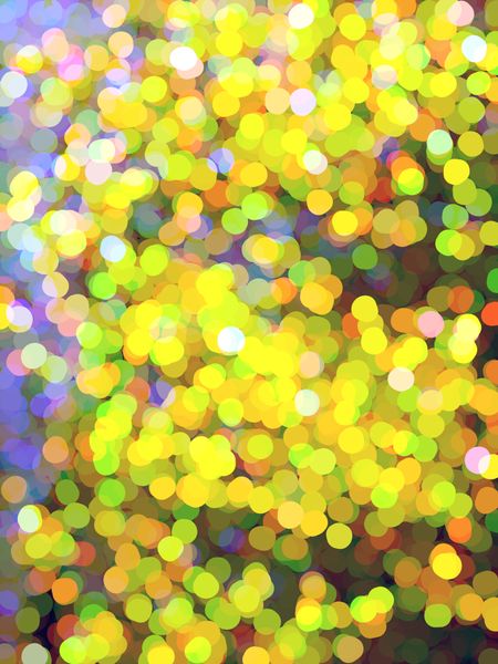 Abstract profusion of nature: Varicolored illustration of many dots, predominantly yellow and gold, like a cloud of glowing fireflies or sunflowers out of focus, overlapping for 3-D effect