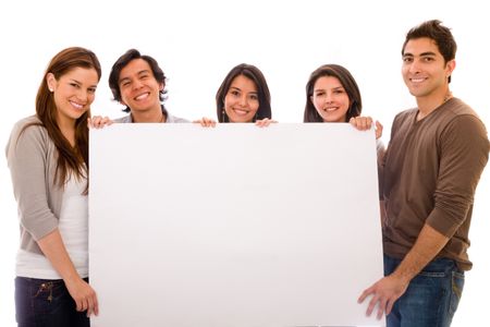 Group of cheerful people holding a banner ad isolated