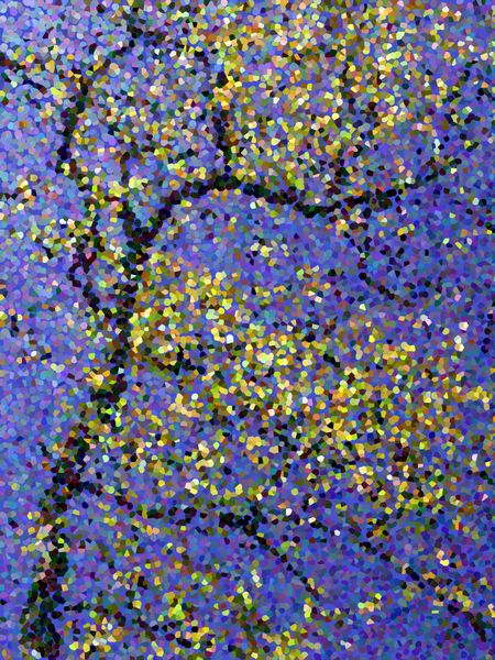 Pointillized multicolored abstract of tall deciduous tree with changing leaves in autumn