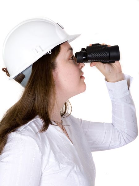 architect searching with binoculars over a white background