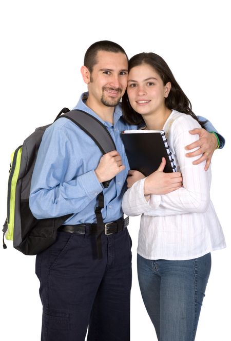 couple of happy students over a white background
