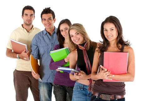 groups of friends holding notebooks and smiling isolated over a white background