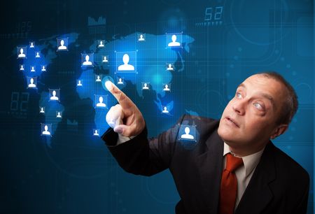 Businessman standing and choosing from social network map