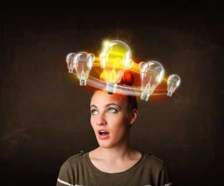 Preety woman with light bulbs circleing around her head