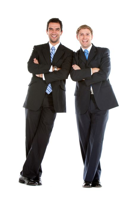 Business man leaning on his partner isolated on white