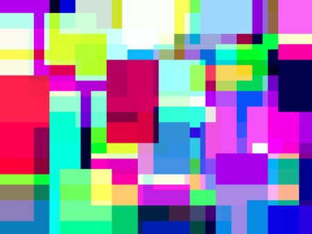 Abstract mosaic of overlapping squares and rectangles with loud tropical colors