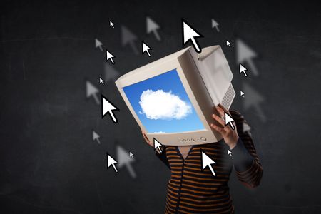 Woman with monitor screen and blue cloud computing on the screen
