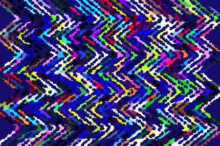 Multicolored abstract of jagged zigzags with many irregular dots on dark blue