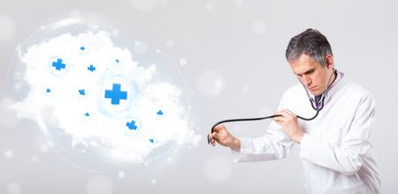 Proffesional doctor listening to abstract cloud with medical signs
