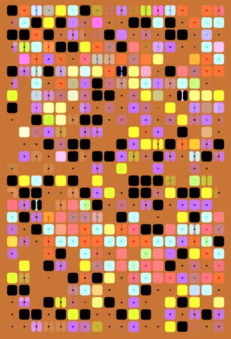 Gamelike geometric multicolored mosaic of squares and split squares, all with rounded corners, along with a scattering of small black dots, on orange background