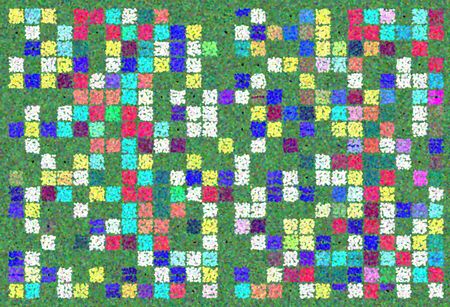 Pointillist geometric multicolored mosaic abstract of small squares on green for decoration and background