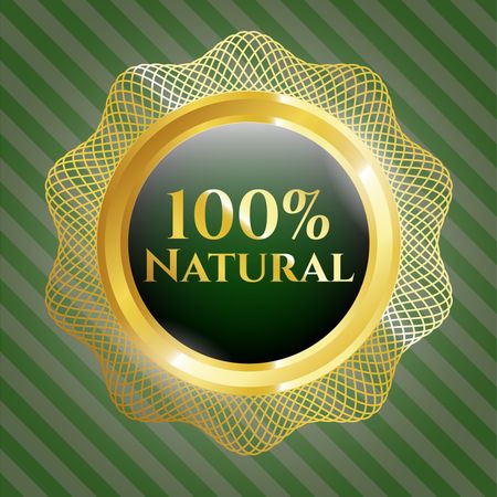 100% Natural golden emblem with green background.