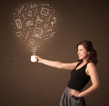 Businesswoman standing and holding a white cup with drown social media icons coming out of the cup