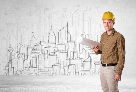 Construction worker with cityscape background drawing