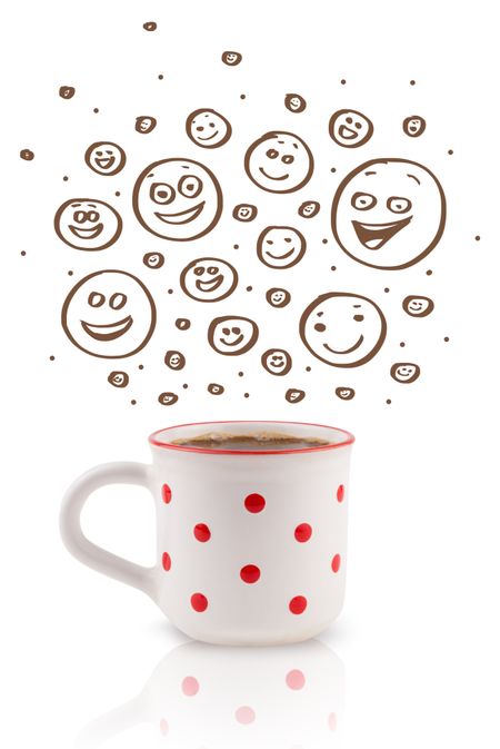 Coffee-cup with brown hand drawn happy smiley faces, isolated on white