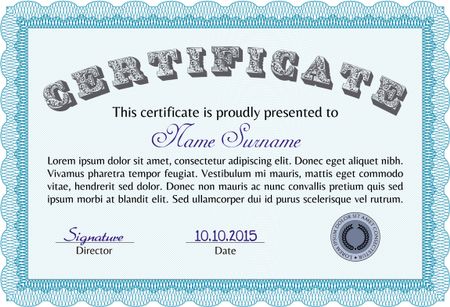Sky Blue certificate template. Horizontal, with background and sample text. Complex border design.
