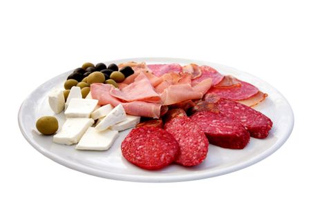 various meat cheese and olives on a plate isolated