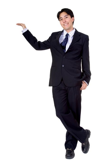 business man standing with his arm placed on something imaginary over white