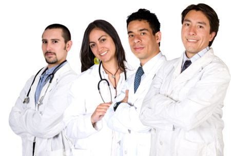 team of friendly and happy doctors and nurses over a white background