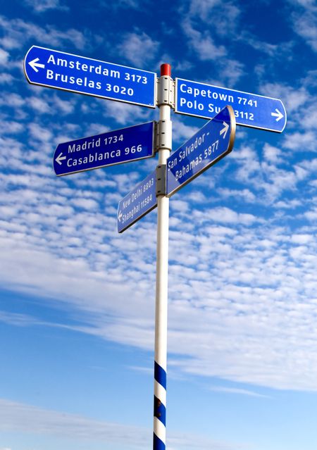 street sign with countries over a nice blue sky