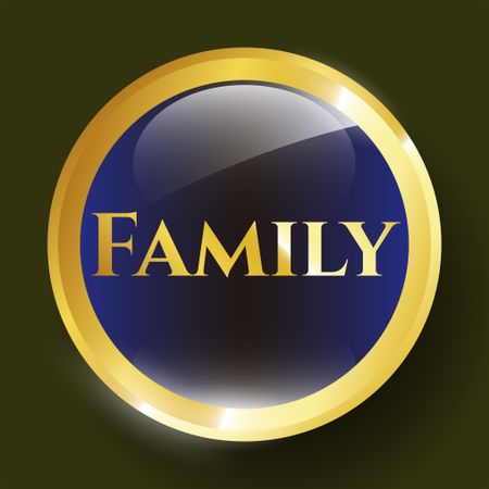 Blue shiny emblem with text family inside