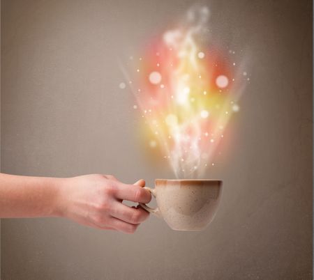Coffee mug with abstract steam and colorful lights, close up
