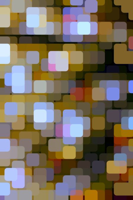 Multicolored geometric abstract illustration of many rounded squares arrayed like so many city lights on a grid with a dark background, for themes of urban density, variety and diversity