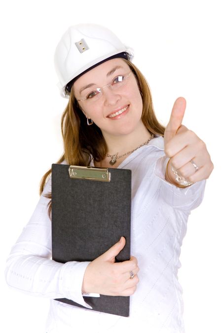 female architect with thumbs up smiling over a white background