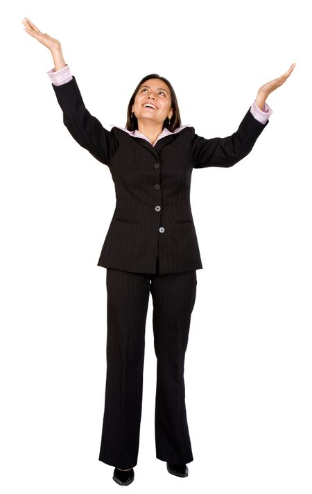 business woman looking happy for her success with her arms up
