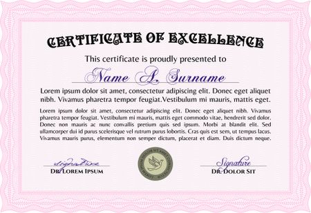 Pink Certificate, Diploma of completion with guilloche pattern and background, border, frame. Certificate of Achievement, Certificate of education, awards, winner.