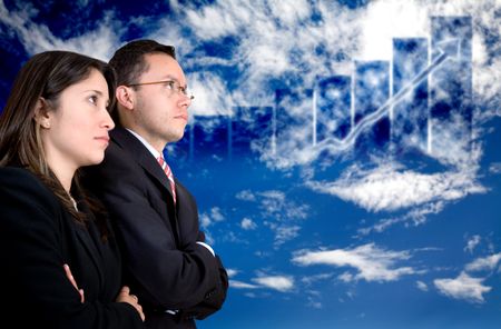 businesspeople looking for financial success on a business graph showing a big growth in the clouds
