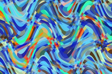 Multicolored synergistic abstract of overlapping sine waves with checkered areas of intersection for decoration and background with motifs of complexity and interactivity, changeability, involvement
