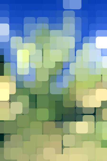 Geometric abstract of city lights, with many rounded pastel squares overlapping on a grid for 3-D effect, for decoration and backgrounds with themes of green environment, urban order, and harmony