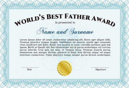World's best father certificate award. Sky blue color, with gold seal