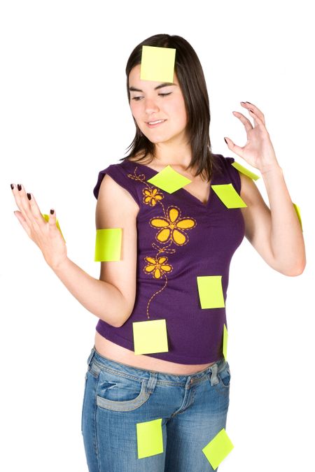busy and stressed woman with lots of things to do - post its over a white background