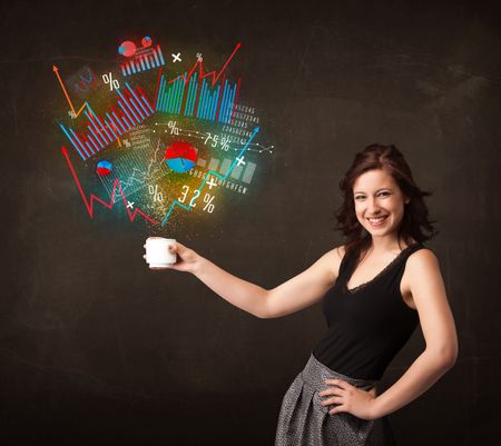 Businesswoman standing and holding a white cup with diagrams and graphs coming out of the cup