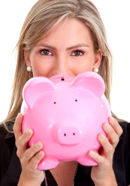 business woman with a piggy bank isolated
